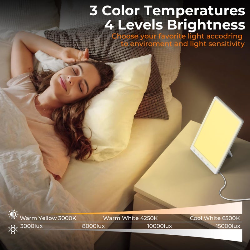 Fitfirst Light Lamp, 10000 Lux Sun Lamp, Gift for Women, 3 Color Temperature, 4 Brightness Levels, 15-60min Timer, Touch Control LED Lamp for Indoor/Office with Adapter - Image 4